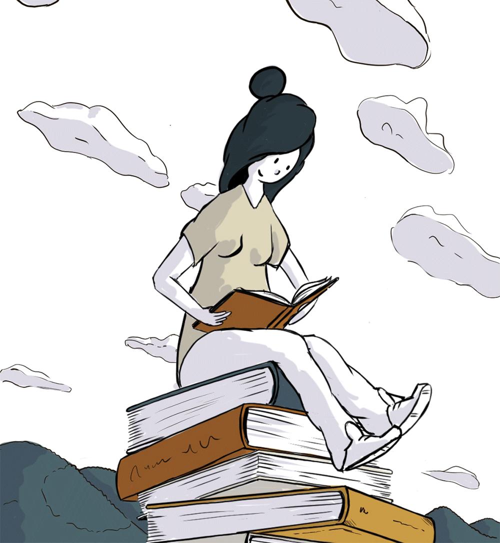 Dessin d'une femme lisant assise sur une pile de livre géant.